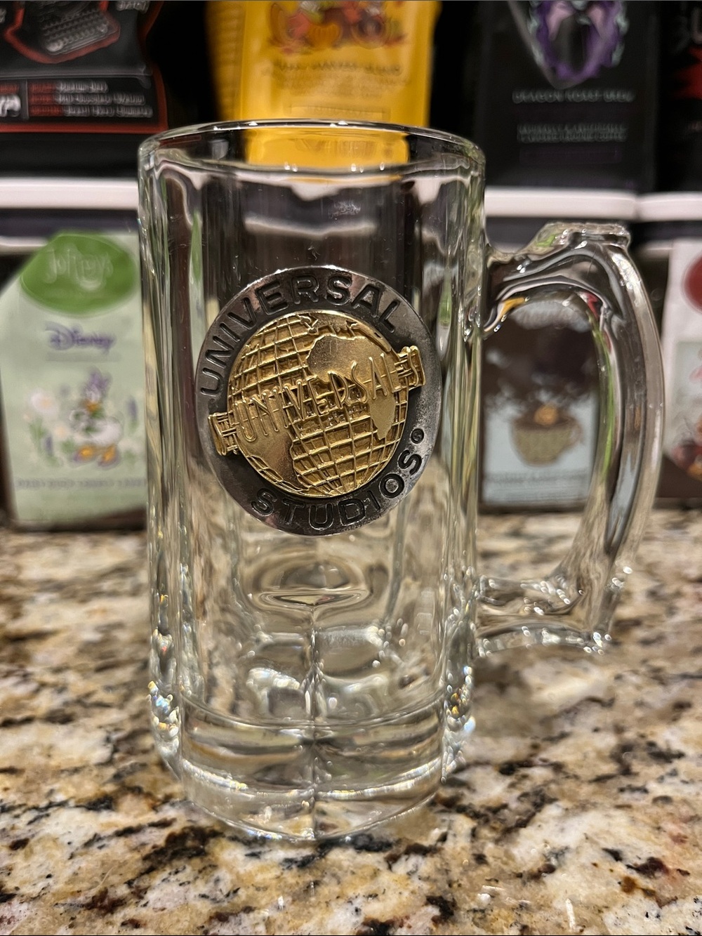 Vintage Universal Studios Glass Beer Stein with Gold Silver Globe Emblem